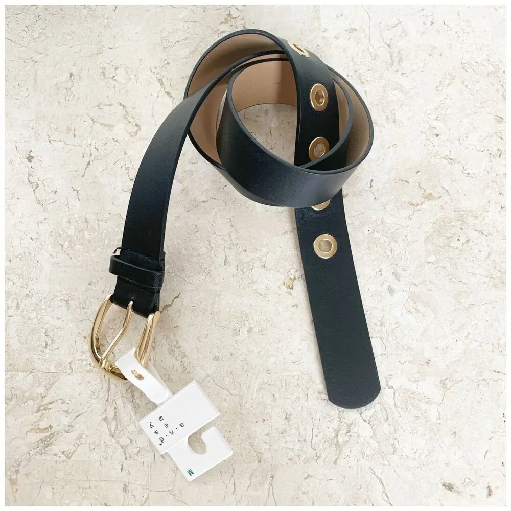A New Day M Black Belt NEW Faux Vegan Leather Gold Buckle + Grommets Punk Edgy